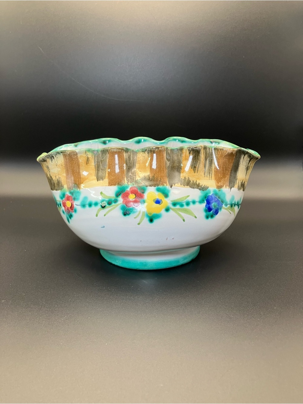 Hand-Painted Floral Ceramic Italian Ruffle Edge Planter in Green and Brown